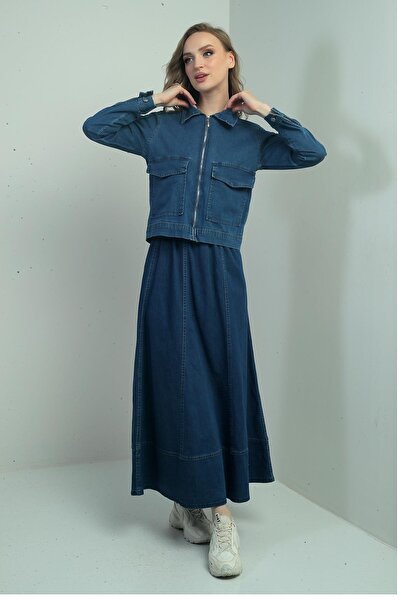 By Saygı Women's Elastic Waist Long Flared Skirt Front Zipper Bag Pocket Jacket 2-Piece Denim Set