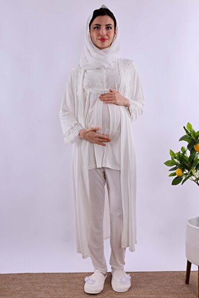 ByLohusa Effortt Ecru Long Robe Maternity Pajama Set with Hijab