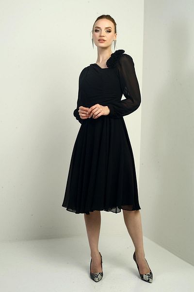 By Saygı Women's Floral Detailed Lined Long Sleeve Chiffon Midi Dress