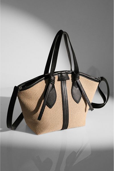Rimense Women's Black Straw Lined Zippered Hand and Shoulder Bag