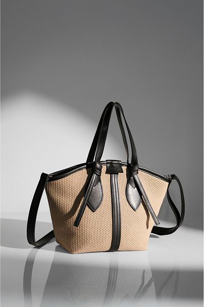 Rimense Women's Black Straw Lined Zippered Hand and Shoulder Bag