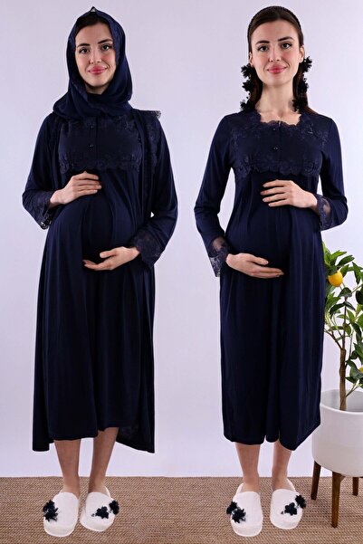 ByLohusa Tesettürlü Hamile Lohusa Sabahlıklı Emzirme Gecelik Takımı Effortt -...