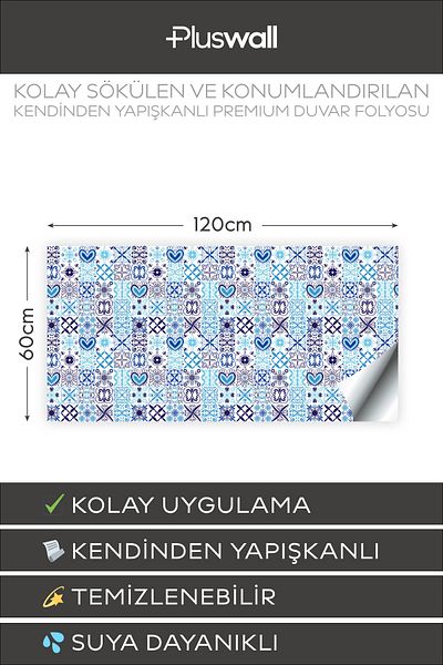 Pluswall Kitchen Countertop Foil, Tile Covering Foil, Mediterranean Style Blue Tile Pattern |   60X120Cm