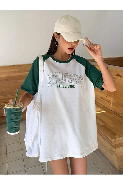 CLAYES Tricou Sports Athleisure White Body Nefti Green Sleeve - Tricou oversize cu decolteu