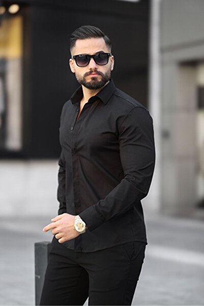 blackpanther Black Slim Fit Men's Shirt with Hidden Buttons