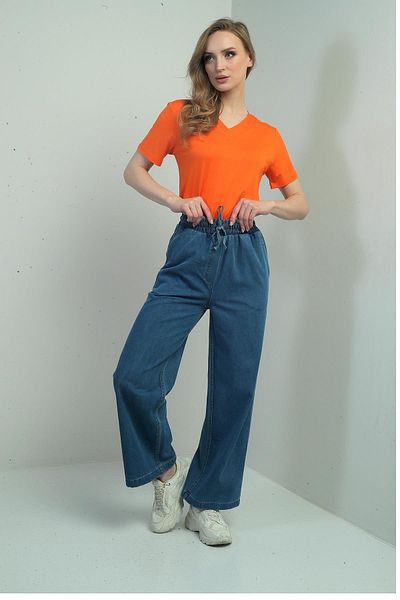 By Saygı Pantaloni de damă din denim Palazzo cu buzunare laterale cu talie elastică
