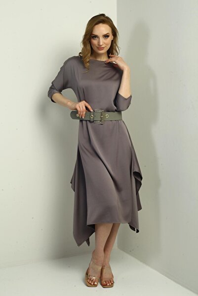 By Saygı Women's Quarter Sleeve Asymmetrical Crepe Satin Midi Dress with Belt at Waist