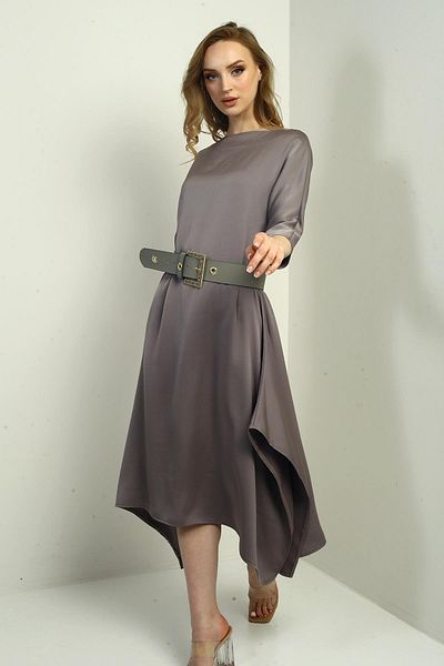 By Saygı Rochie midi din satin creponat asimetric cu mâneci sferturi pentru femei