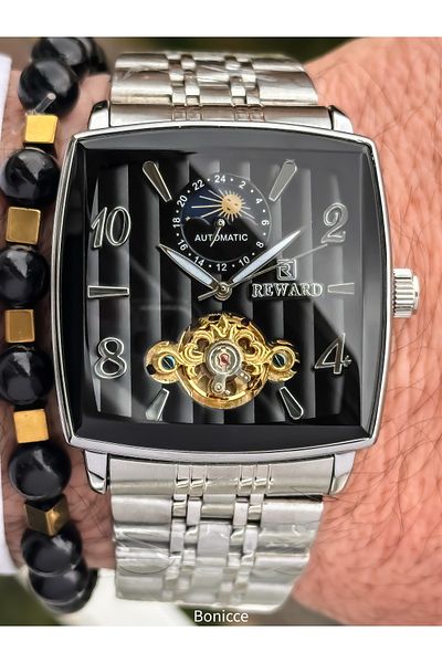 Reward Black Silver Steel Cord,Steel Case,Automatic (No Battery),5 Atm,Vip Men's Wristwatch Bracelet Gift