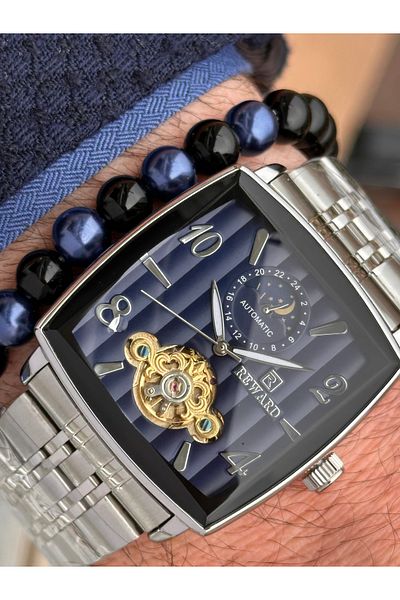 Reward Silver Navy Steel Cord,Steel Case,Automatic (Without Battery),5 Atm,Vip Men Wristwatch with Bracelet Gift