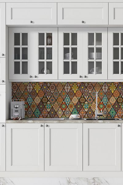 Pluswall Kitchen Countertop Foil, Tile Covering Foil, Mandala Style Floral Pattern |   60X120Cm