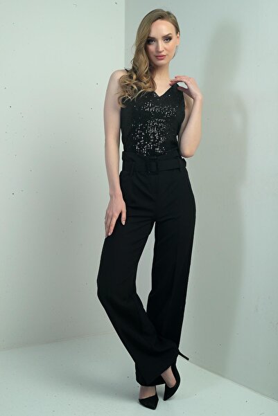 By Saygı Women's Wide Leg Pants with Sequin Stripes on the Sides and Belted Waist