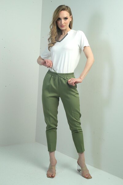 By Saygı Women's Elastic Waist Carrot Leg Trousers with Side Pockets