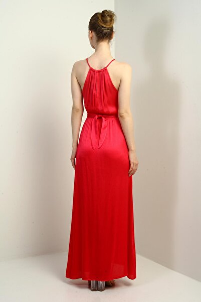 By Saygı Women's Rope Strap Halter Neck Waist Belted Front Slit Ribbed Satin Long Dress