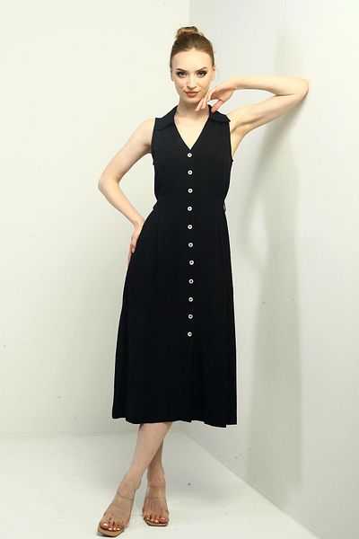 By Saygı Rochie midi de in pentru femei, cu guler polo, cu butoane în față