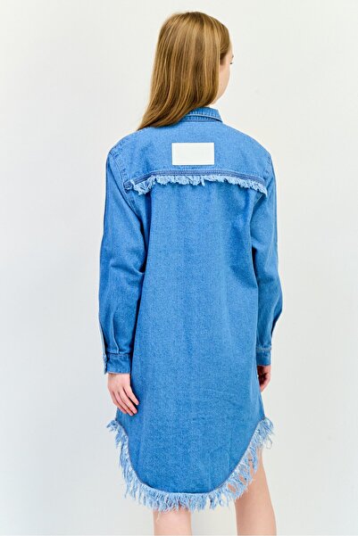 adidas Women Sportswear Fit Washed Denim Outdoor Shirt Dress, Blue