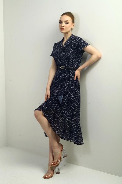 By Saygı Rochie din șifon cu volan în față, cu model crocant, căptușită cu guler dublu pentru femei