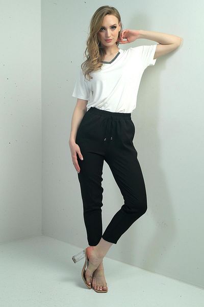 By Saygı Women's Elastic Waist Carrot Leg Trousers with Side Pockets