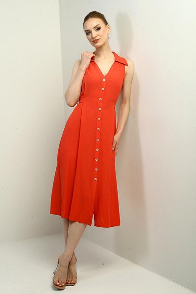 By Saygı Women's Polo Neck Front Pleat Button Detailed Midi Linen Dress