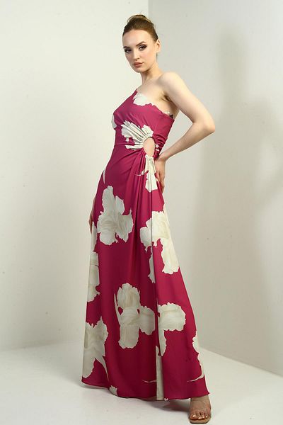 By Saygı Rochie lungă din satin creponat pentru femei, cu un singur umăr, cu fereastră laterală, cu model de frunze mari