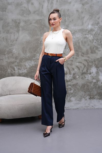 H&A İSTANBUL Women's High Waist Loose Wide Leg Belt Pleated Woven Fabric Palazzo Pants