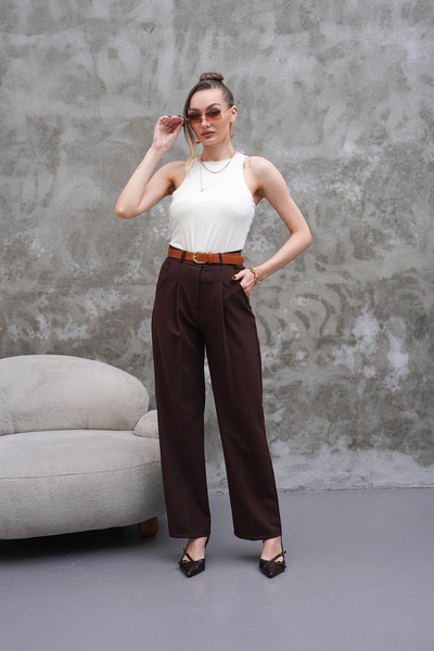 H&A İSTANBUL Γυναικεία ψηλόμεση φαρδιά ζώνη Πλισέ υφαντό υφασμάτινο παντελόνι Palazzo