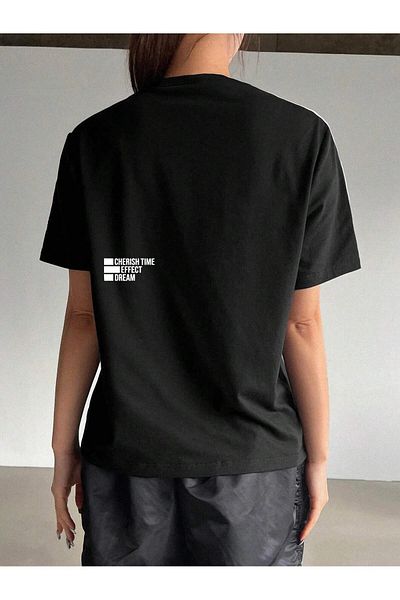 Mythologie Cherish Time Stripe Detailed T-Shirt - Black Printed Oversize Crew Neck Short Sleeve