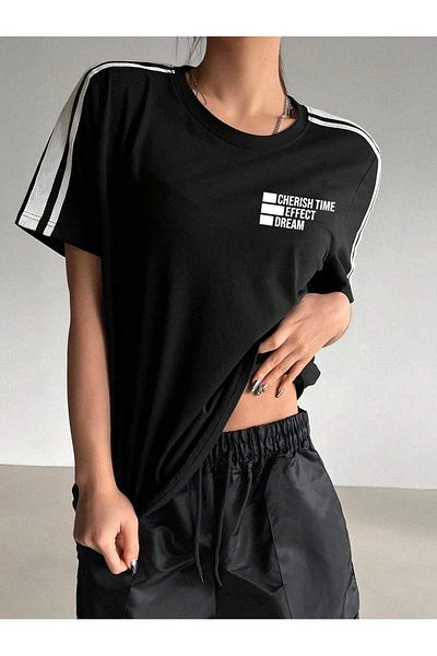 Mythologie Cherish Time Stripe Detailed T-Shirt - Black Printed Oversize Crew Neck Short Sleeve