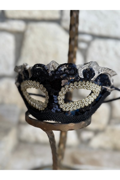 PartiDenizim Özel Tasarım Siyah Aplikli Parti & Dekoratif Maske Vintage Mask