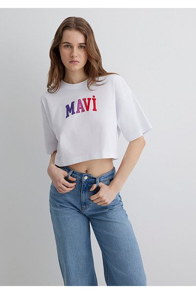 Mavi Weißes T-Shirt mit Logo-Aufdruck, kurz geschnitten, 1612516-620