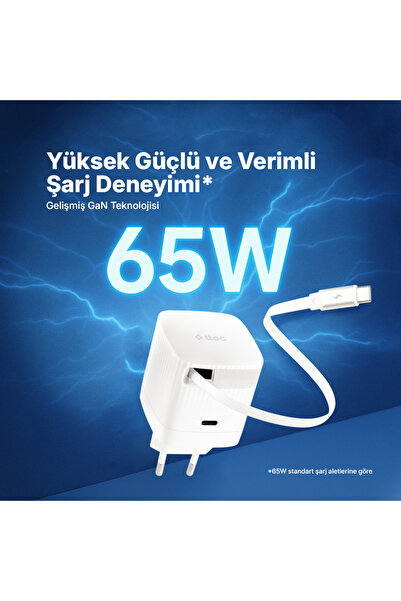 Ttec SmartCharger GAN 65W PD Seyahat Hızlı Şarj Aleti USB-C + Dahili PD 65W 70cm USB-C Şarj Kablosu
