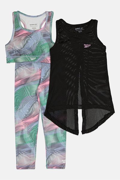 Reebok طقم ملابس رياضية للبنات مكون من 3 قطع، قميص داخلي بدون أكمام، حمالة صدر رياضية، وبنطال ضيق، متعدد الألوان