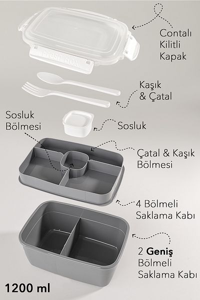 Meleni Home 2 Layer Locked Lid Food Container - Compartmented Lunch Box Diet Nutrition Box Sauce Bowl Fork Spoon Gray