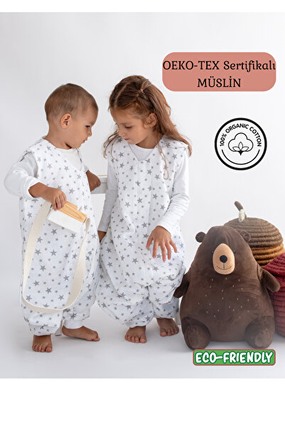 Las Vivas Kids Baharlık Kolsuz Çocuk Uyku Tulumu, Yıldızlı Çift Katlı Müslin Tulum, Mevsimlik Organik Bebek Tulum