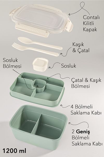 Meleni Home 2 Layer Locked Lid Food Container - Compartmented Lunch Box Diet Nutrition Box Sauce Bowl Fork Spoon Green