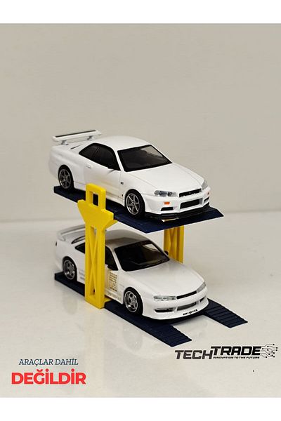 Tech Trade 1/64 Scale Diorama 2 Car Lift Yellow-Navy Blue