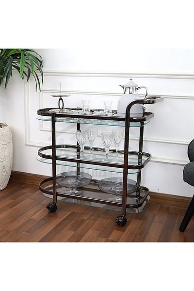 private house Taiwanese brown glossy glass steel tea trolley