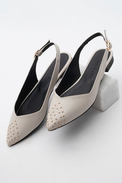 Marjin Women's Pointed Toe Gold Studded Open Back Daily Ballerinas Arlina Ecru