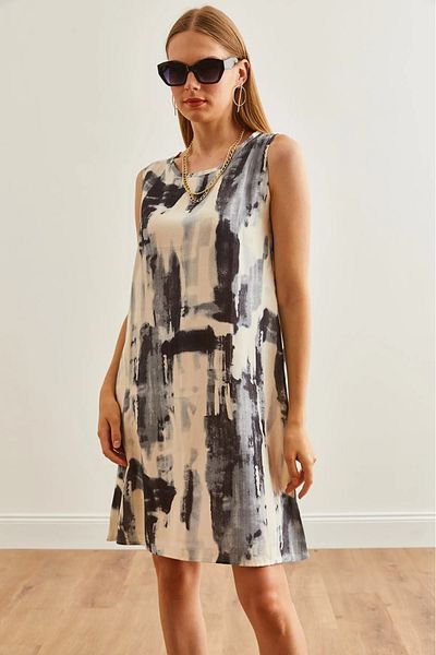 BETULAKSUBUTİK Women's Tie Dye Gray Patterned a Form Woven Viscose Mini Dress