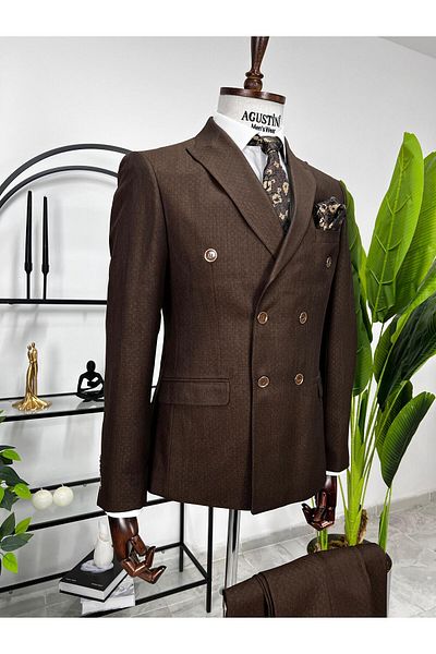 AGUSTİNİ Brown Double Breasted 2-Piece Suit Pointed Collar Slim Fit Mold |   Agustini