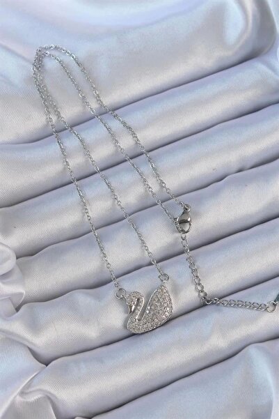 Store 316L Çelik Zincir Gümüş Renk Zirkon Taşlı Kuğu Kolye