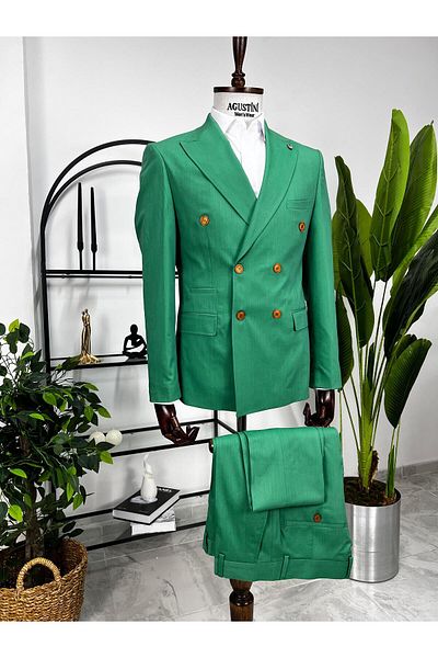 AGUSTİNİ Green Double Breasted 2Pcs Suit Pointed Collar Slim Fit Mold |   Agustini