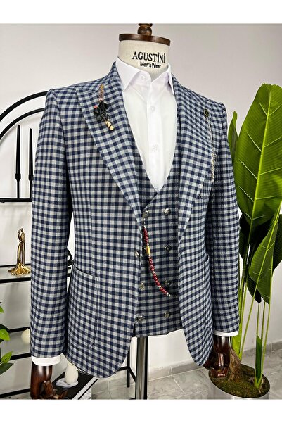 AGUSTİNİ Lacivert Ekose Kombinli 3Lü Takım Elbise Sivri Yaka Torba Cep Slim Fit Kalıp | Agustini