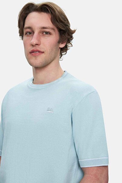 UCLA FARED Gök Mavi Bisiklet Yaka Triko Nakışlı Standard Fit Erkek Tshirt