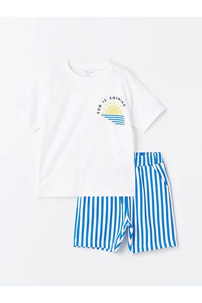 LC Waikiki Lcw Kids White Crew Neck Short Sleeve Printed Baby Boy T-Shirt and Shorts 2-Piece Set