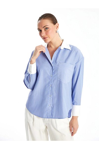LC Waikiki Lcw Vision Blue Striped Long Sleeve Oversize Women's Shirt