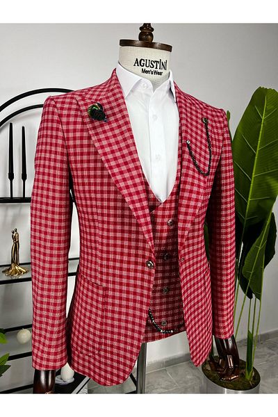 AGUSTİNİ Red Plaid Combination 3 Piece Suit Pointed Collar Bag Pocket Slim Fit Fit |   Agustini