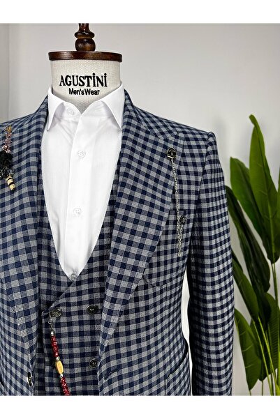 AGUSTİNİ Lacivert Ekose Kombinli 3Lü Takım Elbise Sivri Yaka Torba Cep Slim Fit Kalıp | Agustini