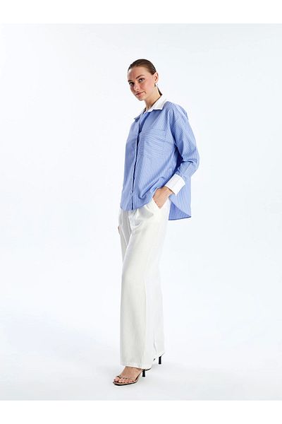 LC Waikiki Lcw Vision Blue Striped Long Sleeve Oversize Women's Shirt