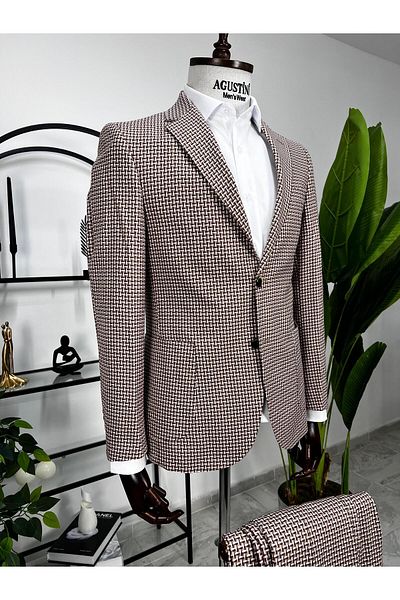 AGUSTİNİ Burgundy White Patterned 2-Piece Suit Mono Collar Bag Pocket Slim Fit Mold |   Agustini